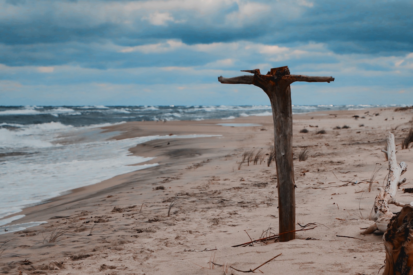a wooden cross on a beach next to the ocean